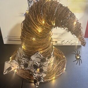 Halloween wicker witch hat with spiders LED lights